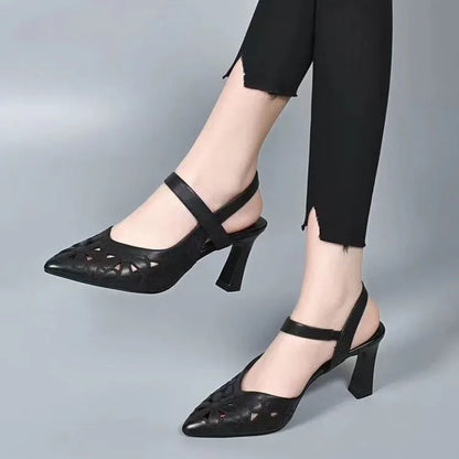 Women's pointed toe backless sandals in red with a hollowed toe box and high heel