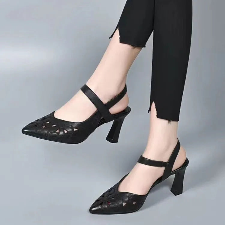 Pointed toe sandals with backless design, featuring soft leather construction and hollowed toe box for ventilation, available in red, black and creamy-white colours with sizes from 35 to 41