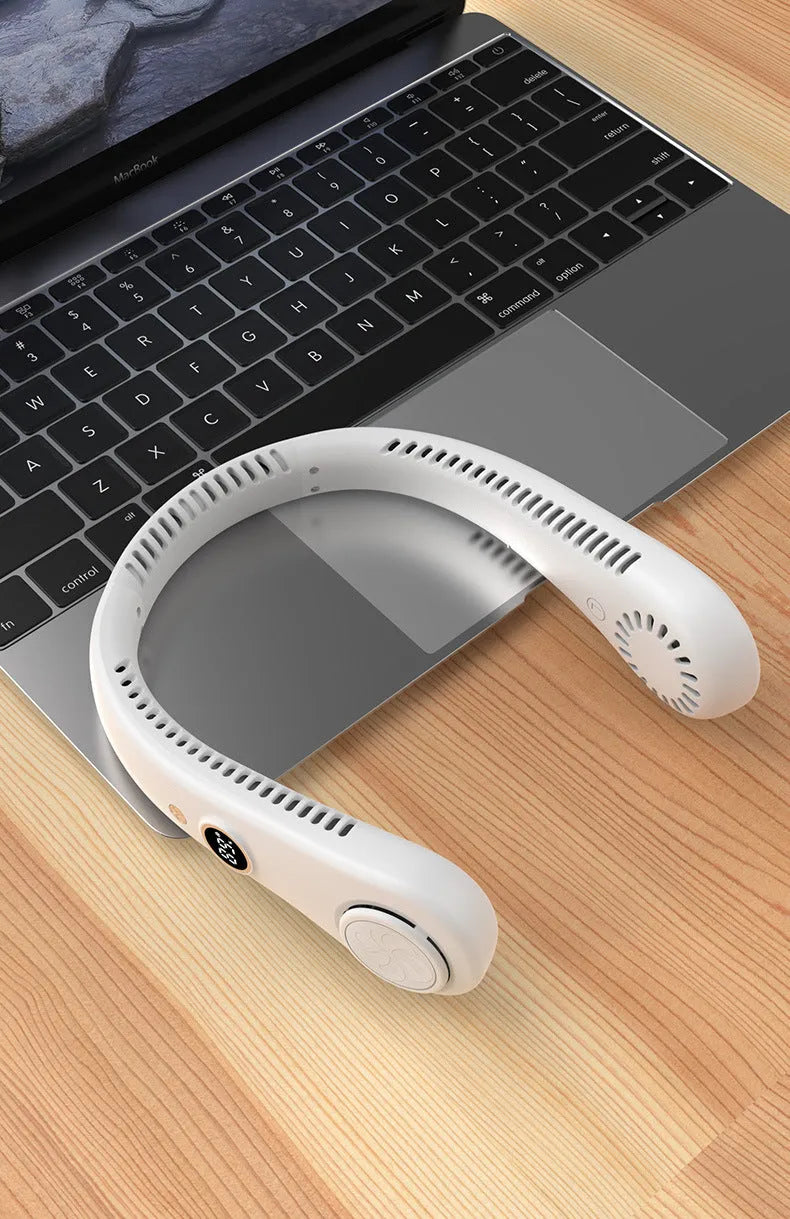 Pink USB charging portable bladeless neck fan with adjustable speeds, lightweight design for comfortable wear