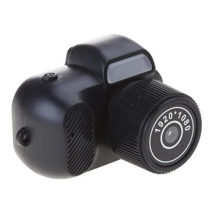 Black retro-style mini camera with display screen for 1080p HD video recording
