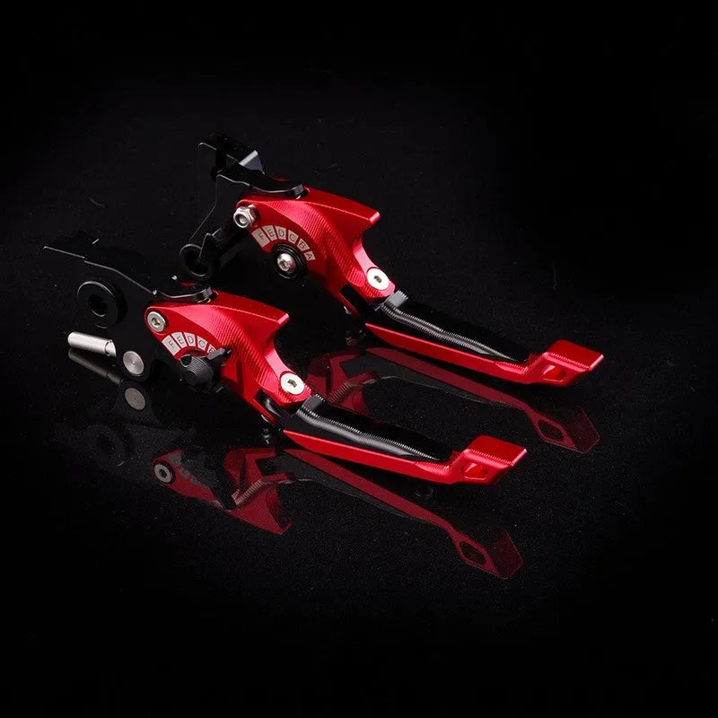 Motorcycle horn handle brake and clutch lever set in anodised metal with adjustable mechanism