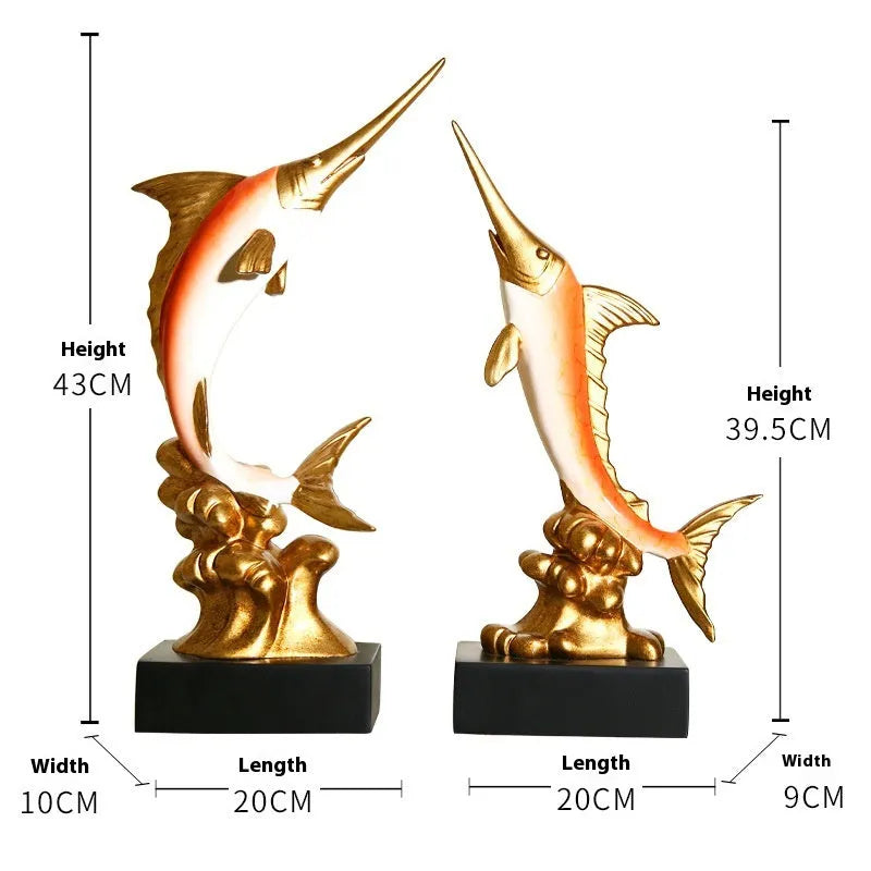 European-style swordfish resin ornament in Brilliant Gold, Coral Red, Lake Blue, or Sea Green colour options