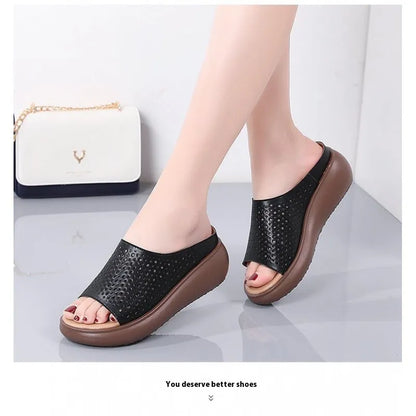 Peep toe platform heel women's shoes with rocking bottom sole, PU upper, rubber sole, ethnic pattern.