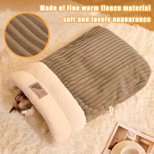 Winter warm plush pet sleeping bag for cats and dogs in brown, gray, and white