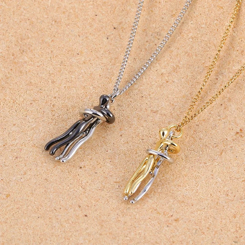 Affectionate Hug Necklace for couples with snake bone chain in brass