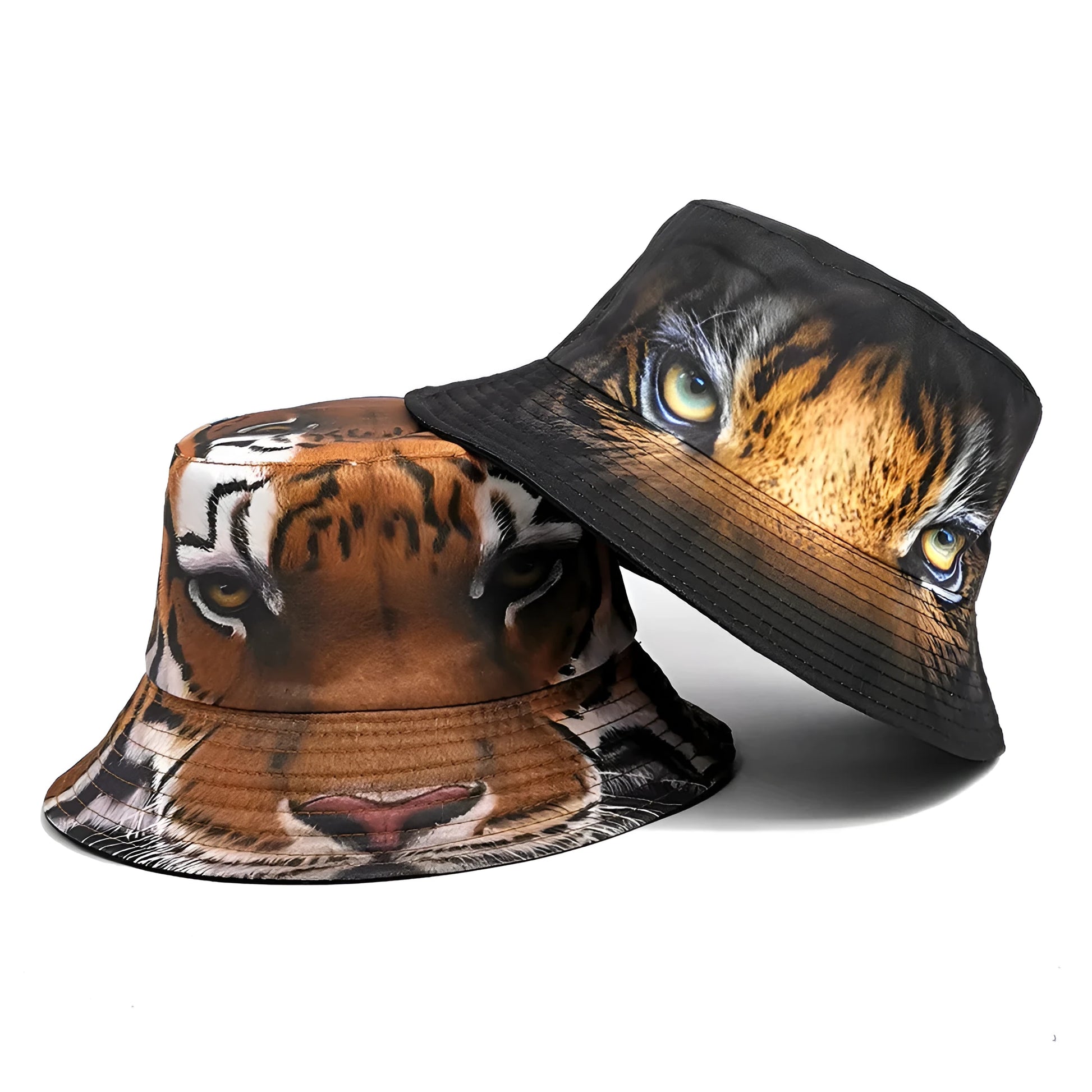 Tiger print bucket hat with dome crown on a neutral background
