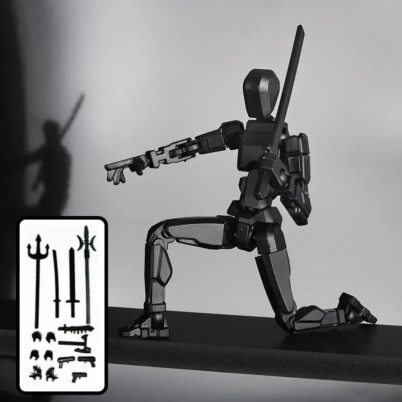 Highly posable 3D printed robot mannequin toy with interchangeable accessories, including wings and weapons