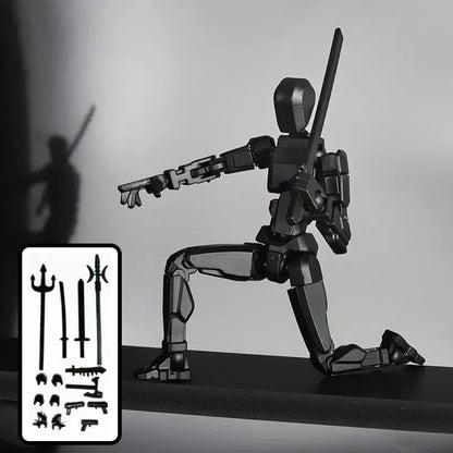 Highly posable 3D printed robot mannequin toy with interchangeable accessories, including wings and weapons