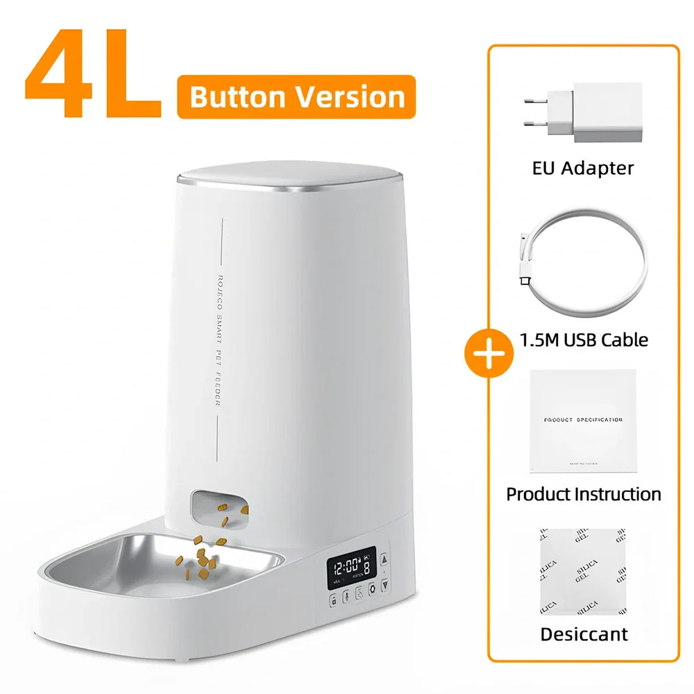 ROJECO white automatic pet feeder with stainless steel bowl and digital control panel