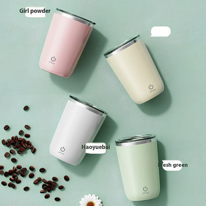 Beige auto stirring electric coffee cup, 400ml capacity, 14cm tall with USB rechargeable stirrer and insulated walls