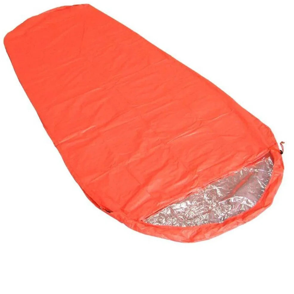 Orange outdoor sleeping bag with silver-coated nylon fabric for heat reflection during camping
