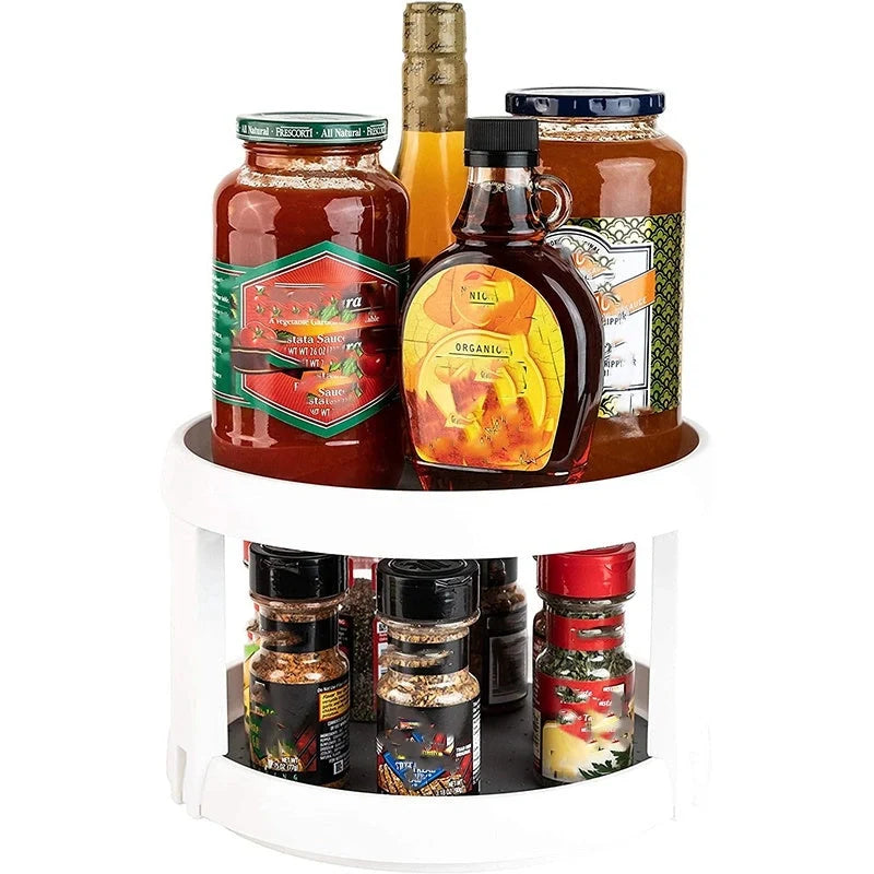 Two-tier kitchen turntable organizer with non-skid surface and rimmed edges