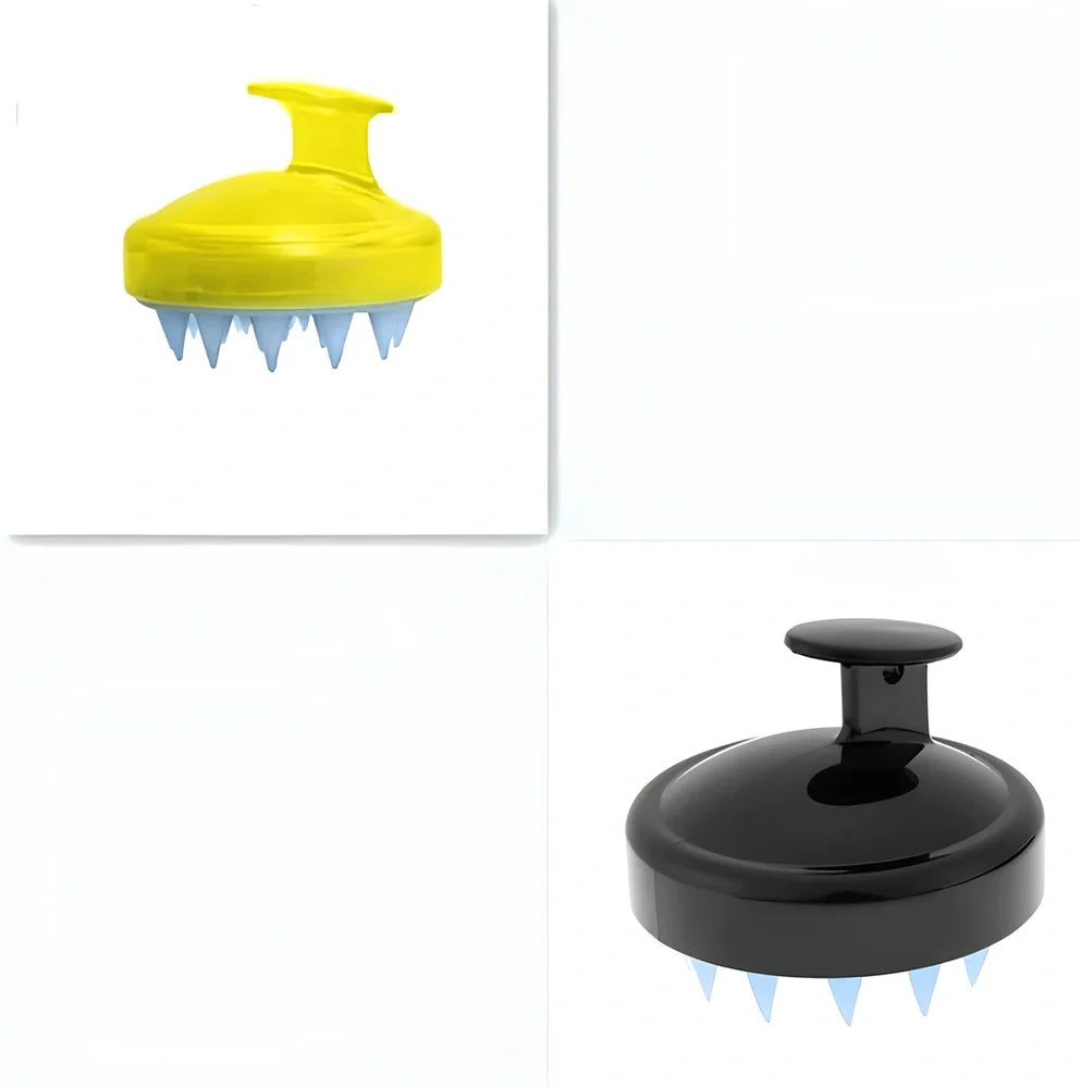 Black silicone shampoo brush with hook design measuring 8x8x7cm for scalp massage during hair washing