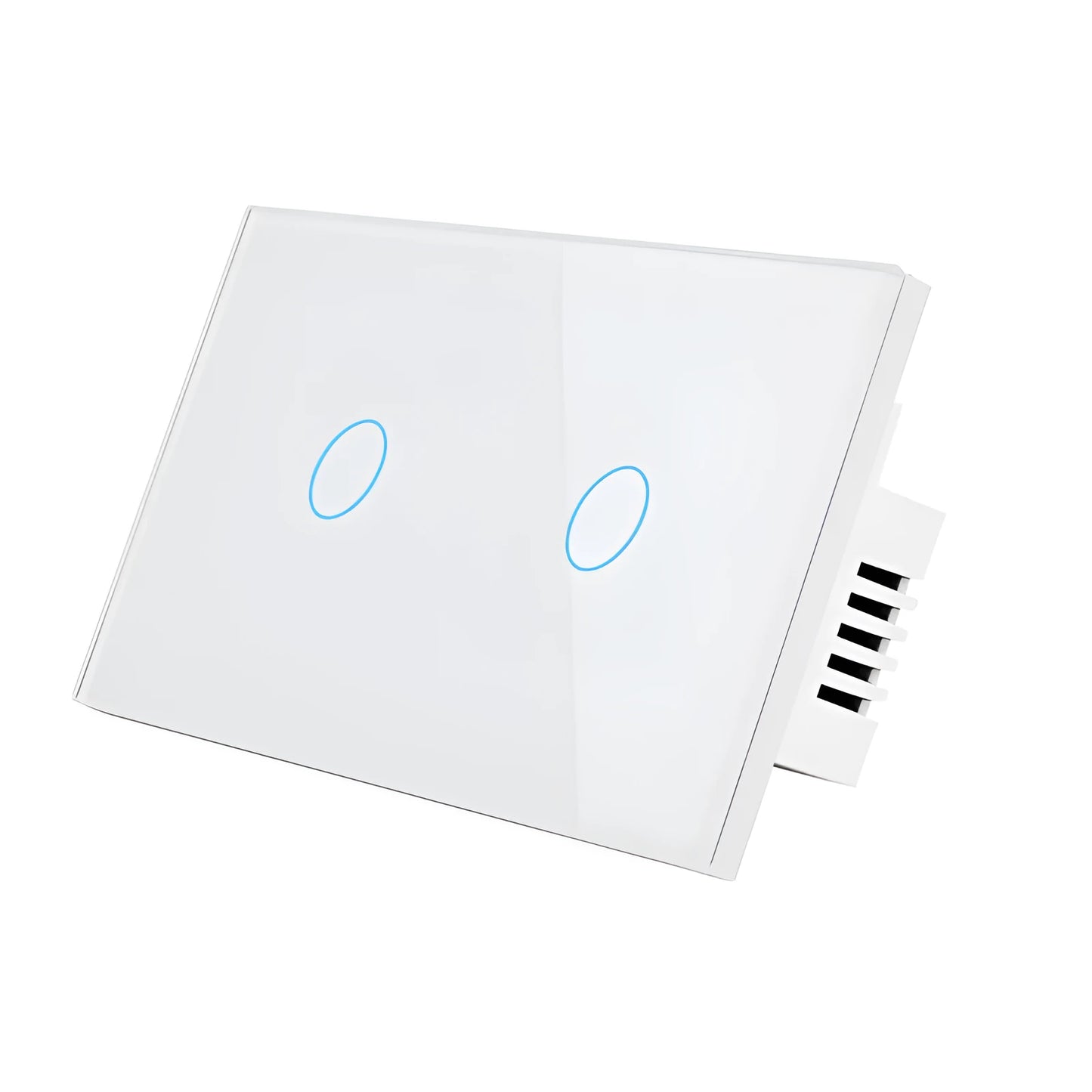 US-RF-02W white 2-gang remote control light switch with tempered glass panel measuring 120x72x35mm