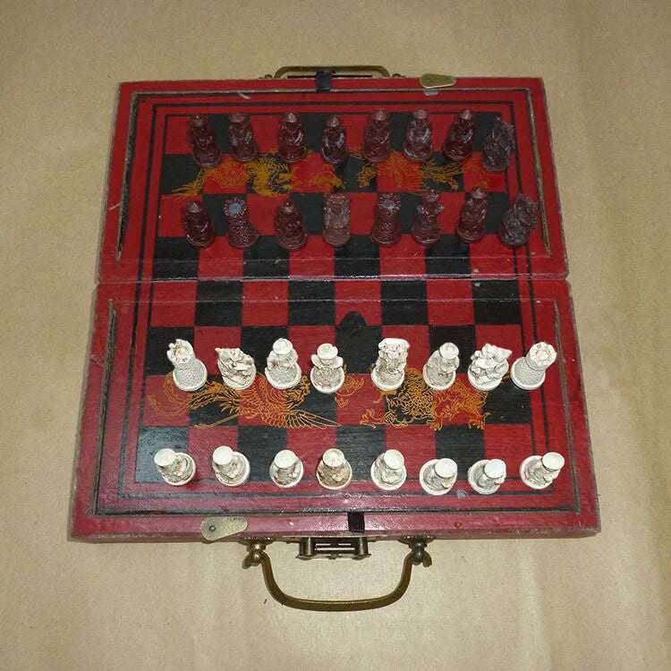 Handcrafted antique terracotta chess set with folding wooden board and detailed polymer resin pieces