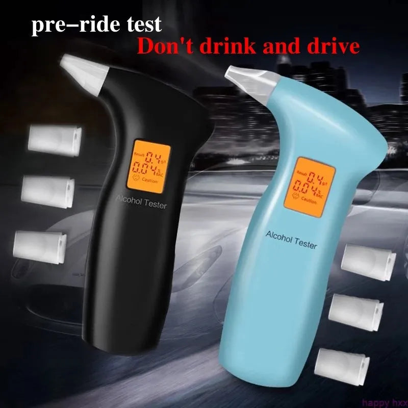 Portable orange light breath alcohol tester with replaceable mouthpieces in compact case