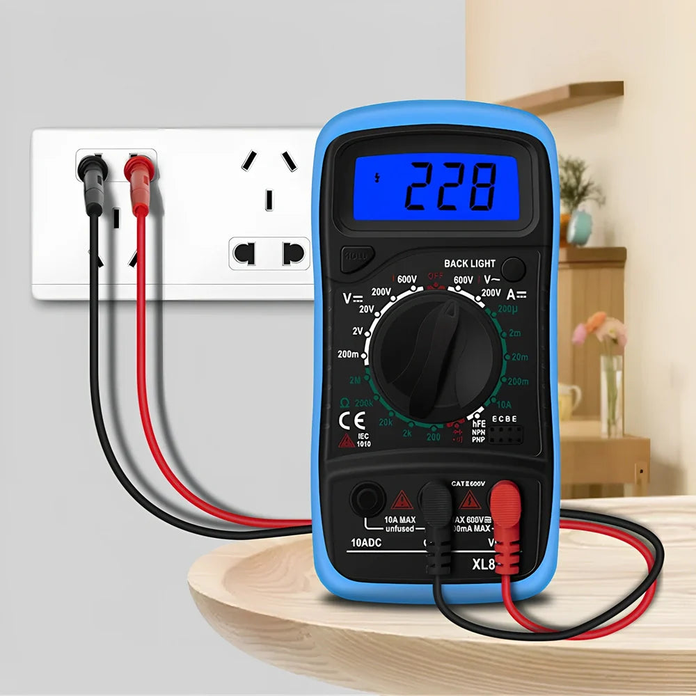 Digital multimeter with black and yellow housing showing 45x20mm LCD display for electrical measurements