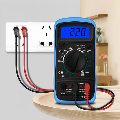 Digital multimeter with black and yellow housing showing 45x20mm LCD display for electrical measurements