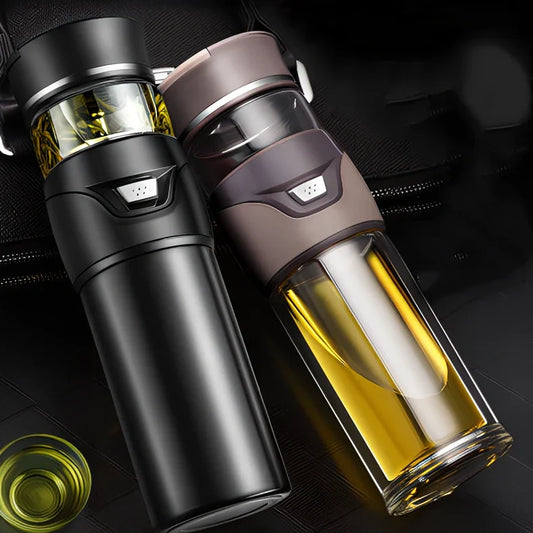 Stainless steel tea separation cup with one-button mechanism showing straight cup design and multiple colour options