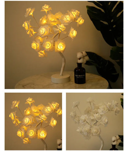 White and red rose flower LED lamp on a bonsai tree stand with warm white lights.
