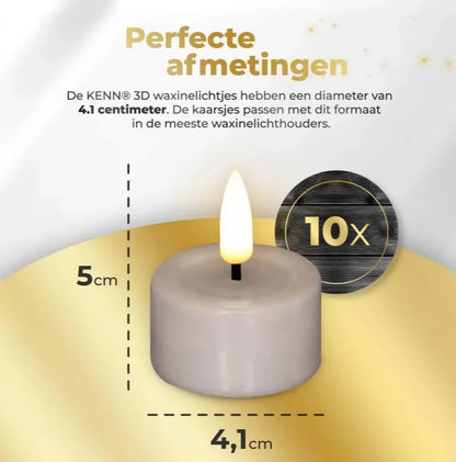 Four taupe-coloured LED tealight candles with 3D flame effect, measuring 4.1cm diameter