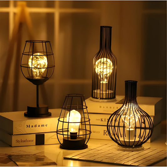 Minimalist hollow iron table lamp with warm white LED light in red wine glass design