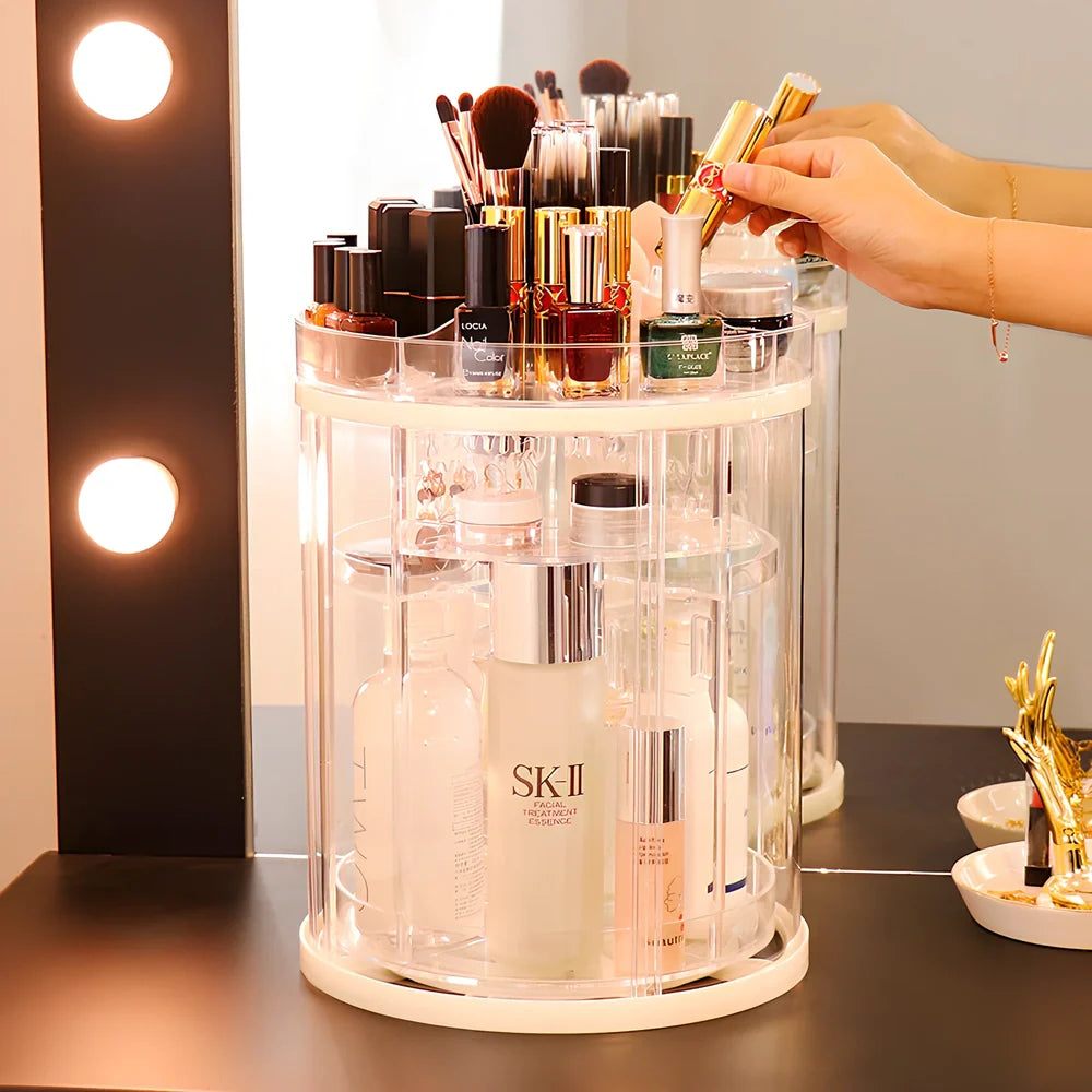 Transparent rotating cosmetics storage rack with skincare bottles organised on 360-degree rotating mechanism