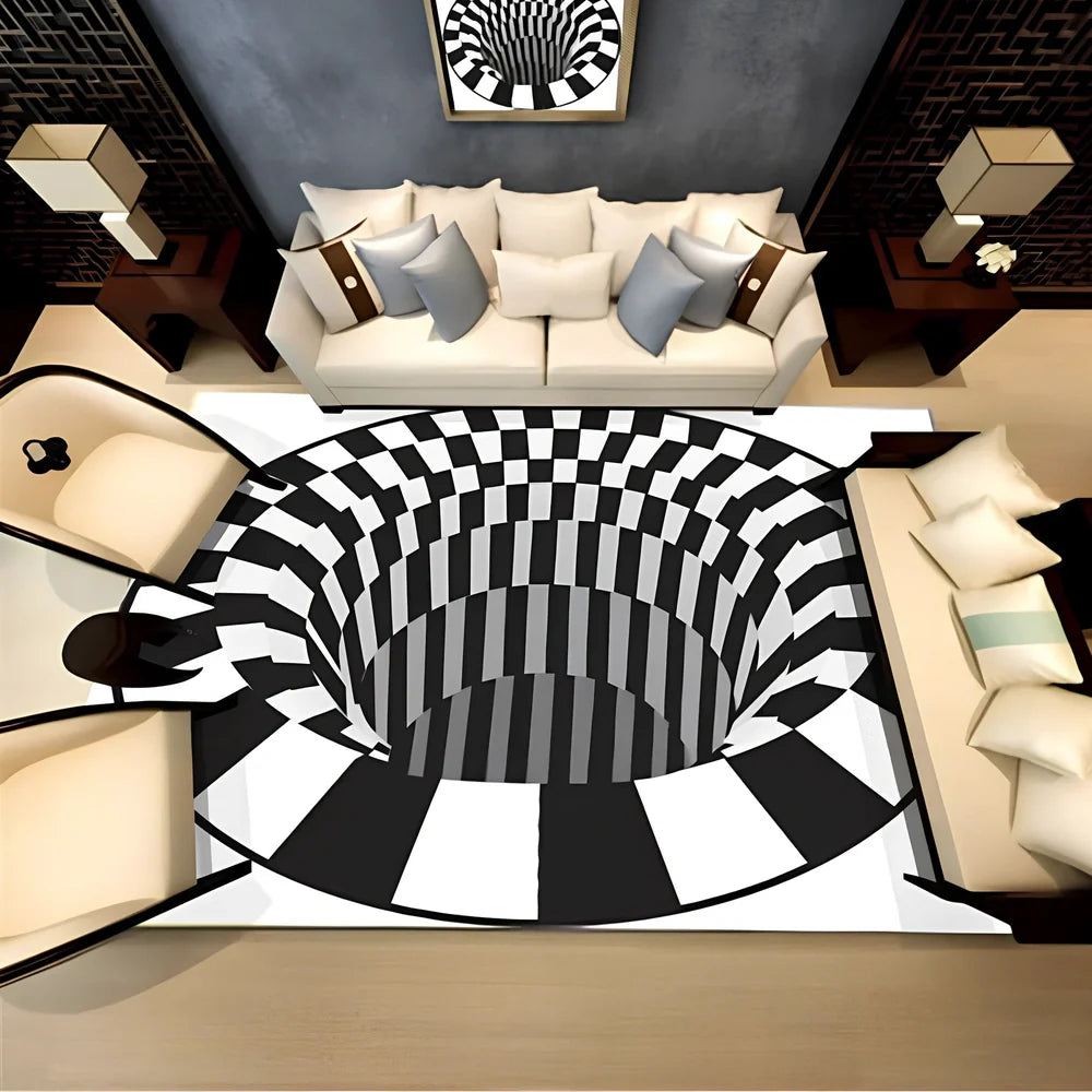 Rectangular geometric pattern carpet in machine-woven construction for living room floor protection