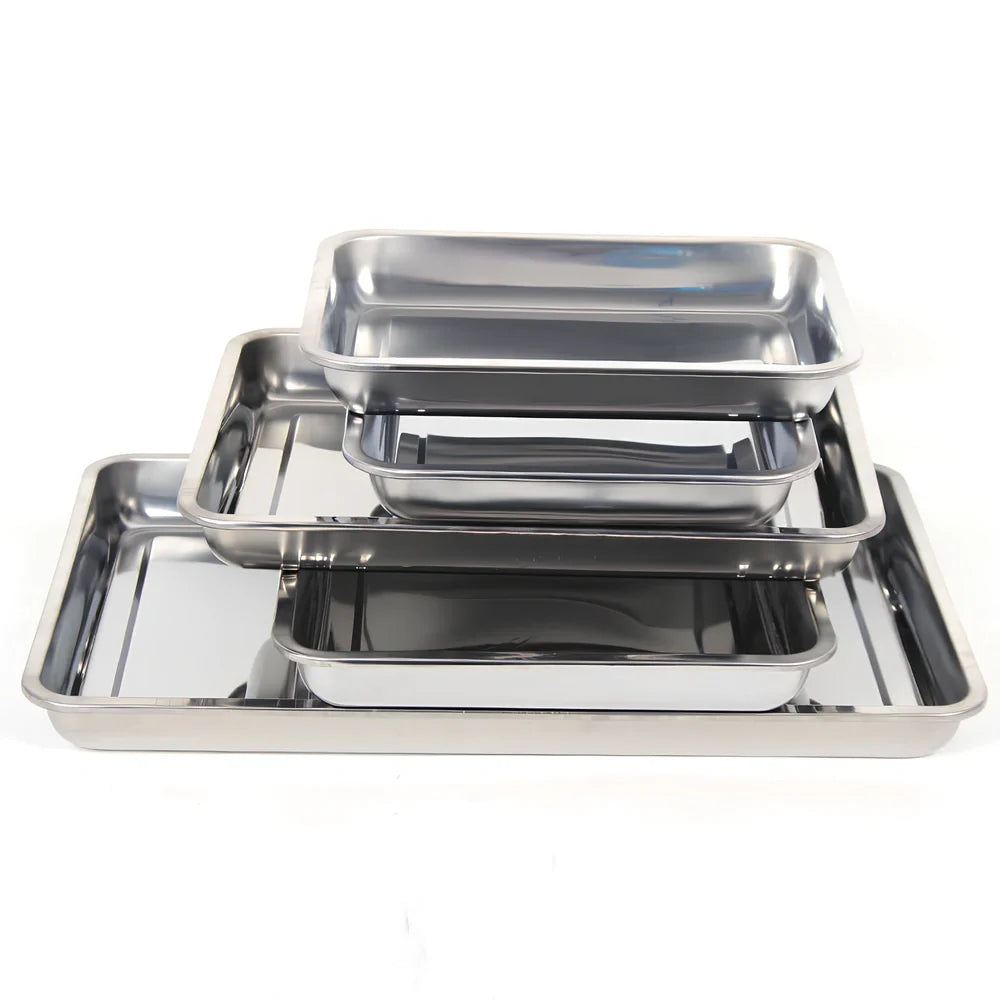 Stainless steel square food storage tray with mirror finish and smooth curled edges