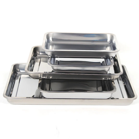 Stainless steel square food storage tray with mirror finish and smooth curled edges