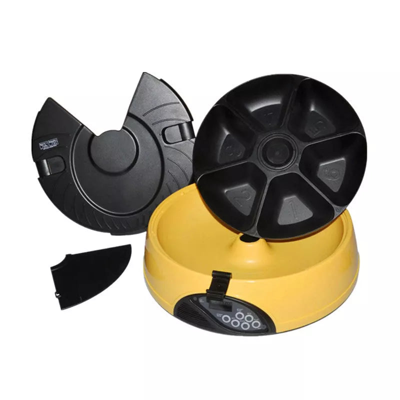 Automatic pet feeder with 6 food storage slots and voice recording feature