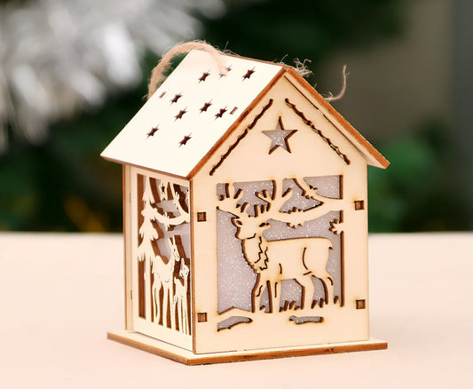 Wooden Christmas decorations with LED lights showing four character styles hanging on tree branches