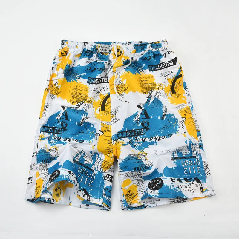 Men's floral printed swimming trunks in polyester fabric showing multiple pattern options for beach and pool use