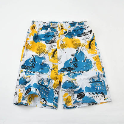 Men's floral printed swimming trunks in polyester fabric showing multiple pattern options for beach and pool use