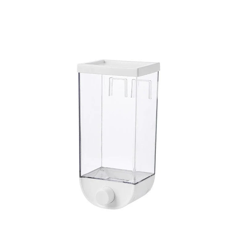 Sleek kitchen storage canister with cereal dispenser and wall-mountable design for organized, space-saving storage