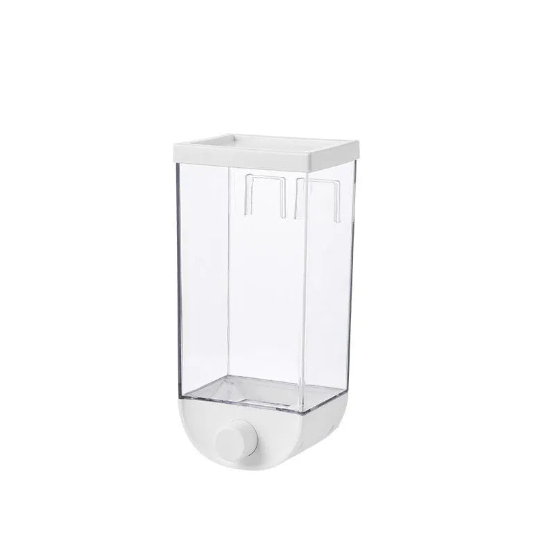 White wall mounted transparent food storage container with easy press cereal dispenser mechanism