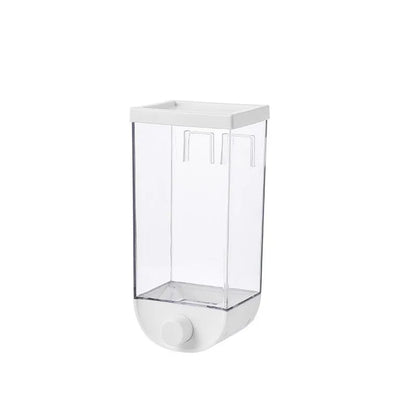 White wall mounted transparent food storage container with easy press cereal dispenser mechanism