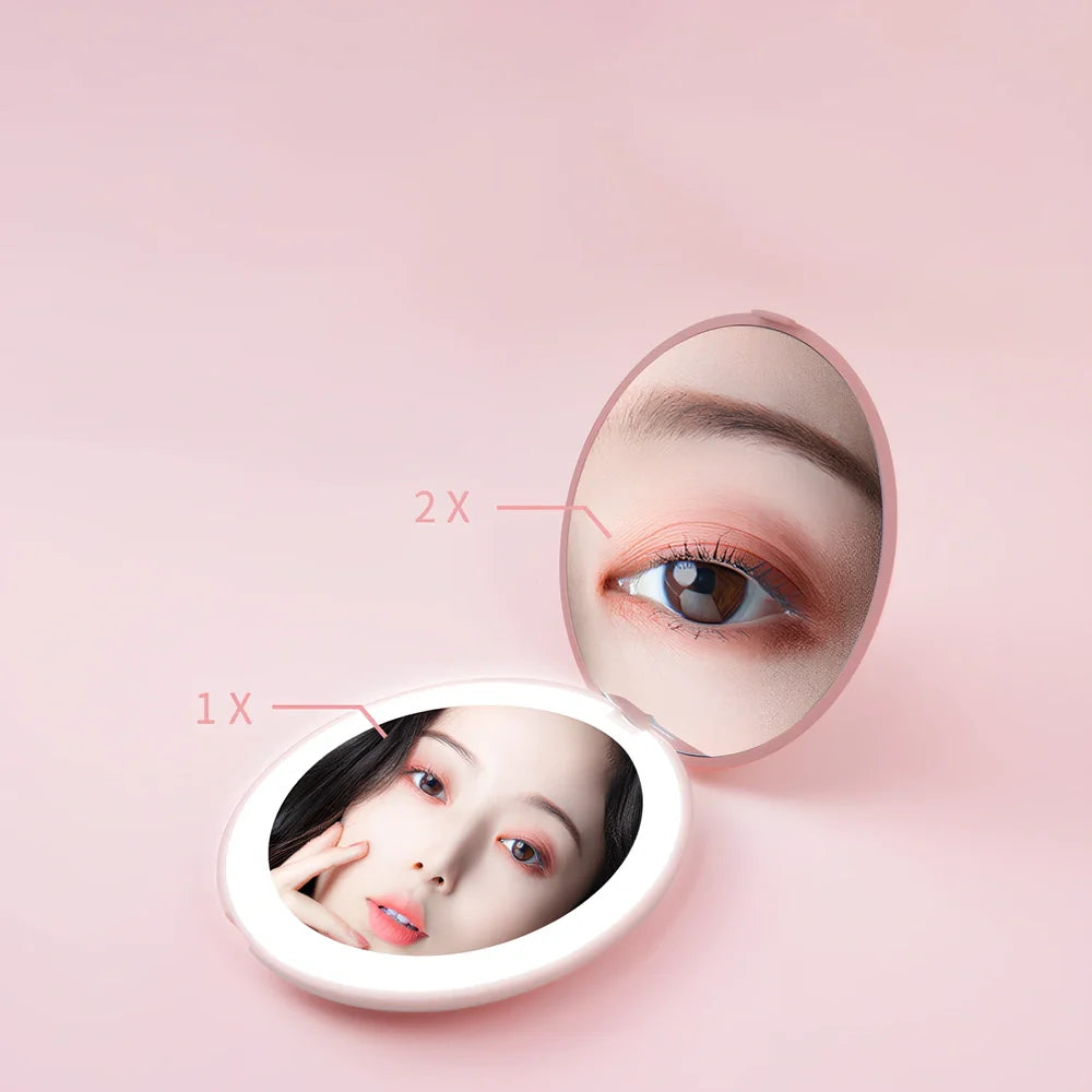Mini LED makeup mirror with dual magnification and 80 LED lights in compact 90mm design