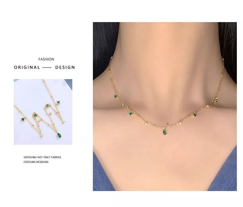 Korean style water drop emerald zircon necklace with sterling silver chain