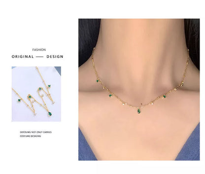 Korean style water drop emerald zircon necklace with sterling silver chain