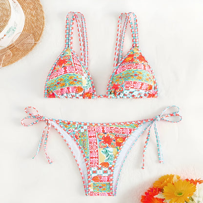 Women's lace-up front split design swimsuit bikini set in polyester with spandex lining.