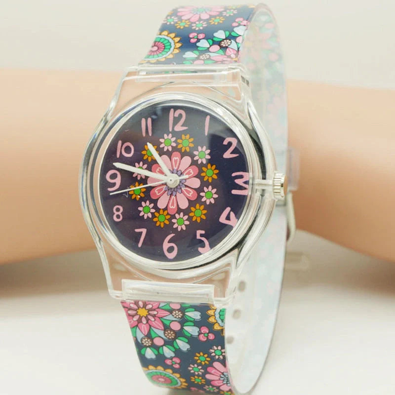 Floral quartz watch for children with Korean style design and colorful decorations