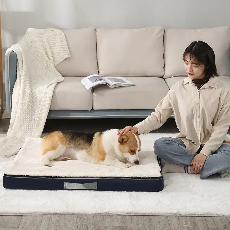 Removable and washable memory sponge dog mat in brown colour, showing 10cm thickness and size options for pet comfort