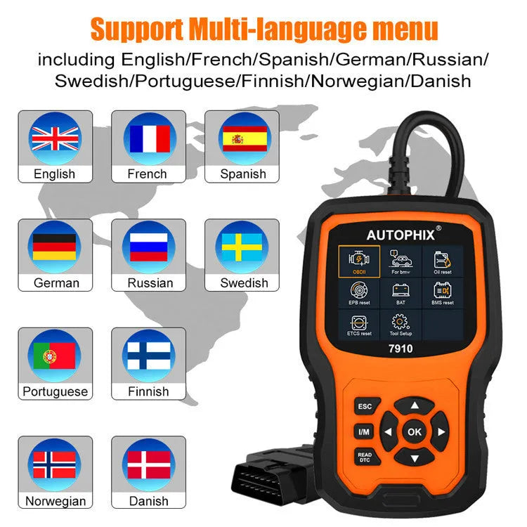 Autophix 7910 BMW full system diagnostic tool with OBD2 connector and display screen