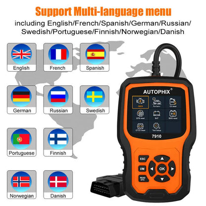 Autophix 7910 BMW full system diagnostic tool with OBD2 connector and display screen