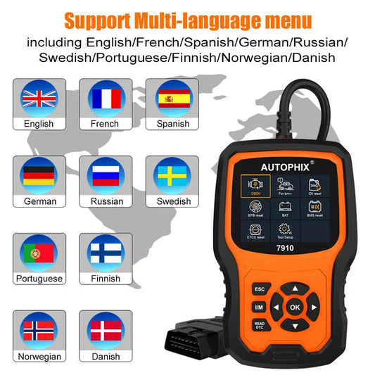 Autophix 7910 BMW full system diagnostic tool with OBD2 connector and display screen