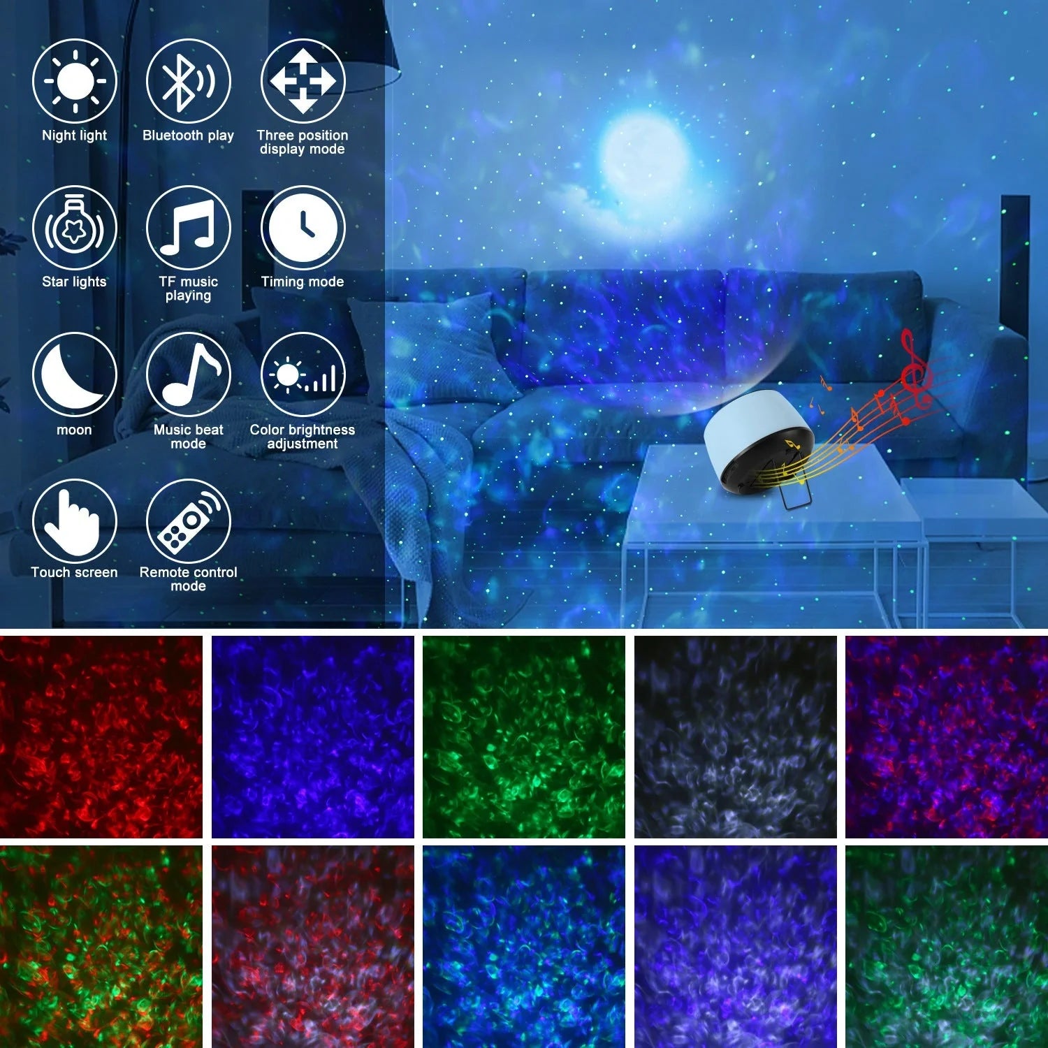 Starry Sky Water Pattern Projection Light projecting vibrant colors and patterns in a dark room