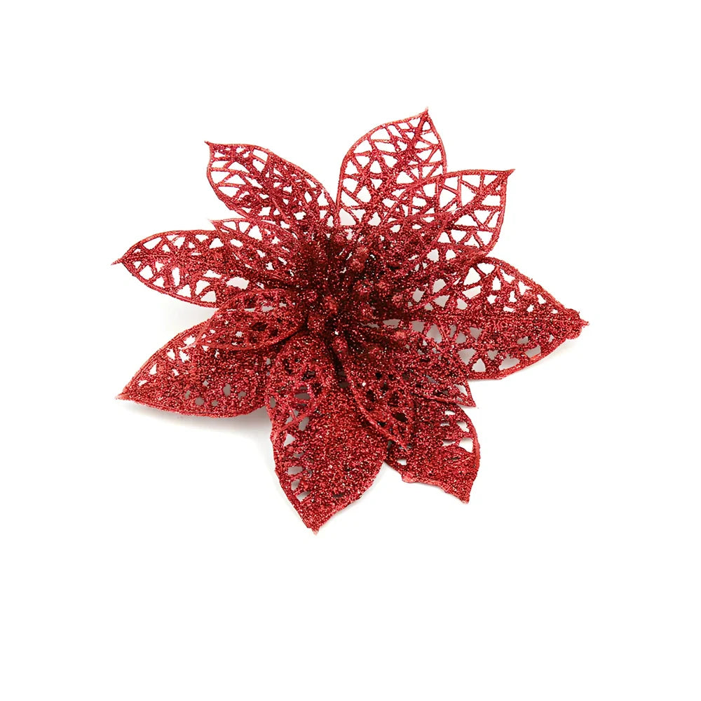 Set of 10 golden 15cm glitter flowers for Christmas trees in gold, silver, red colours