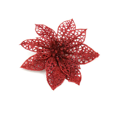 Set of 10 golden 15cm glitter flowers for Christmas trees in gold, silver, red colours
