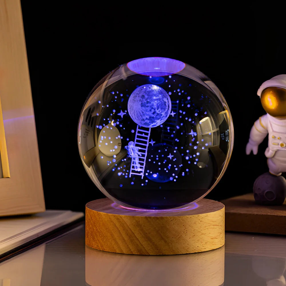 6cm crystal ball night light with Milky Way design on colourful base, USB cable connected